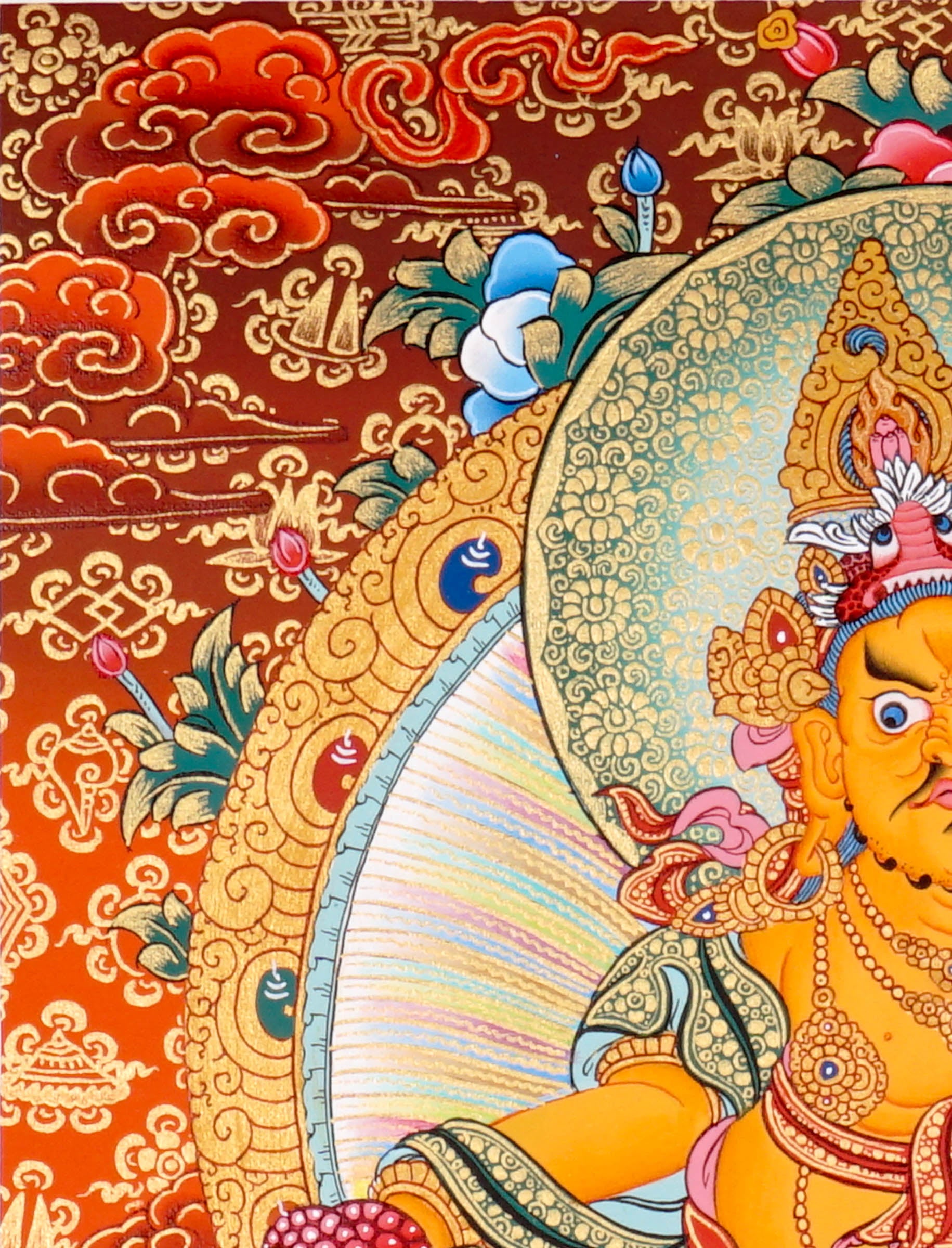 Zambala Thangka Painting showing the Tibetan Buddhist wealth deity seated on a pink lotus throne with a jewel-spitting mongoose, fruit offering, radiant halo, sacred ornaments