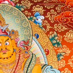 Zambala Thangka Painting showing the Tibetan Buddhist wealth deity seated on a pink lotus throne with a jewel-spitting mongoose, fruit offering, radiant halo, sacred ornaments