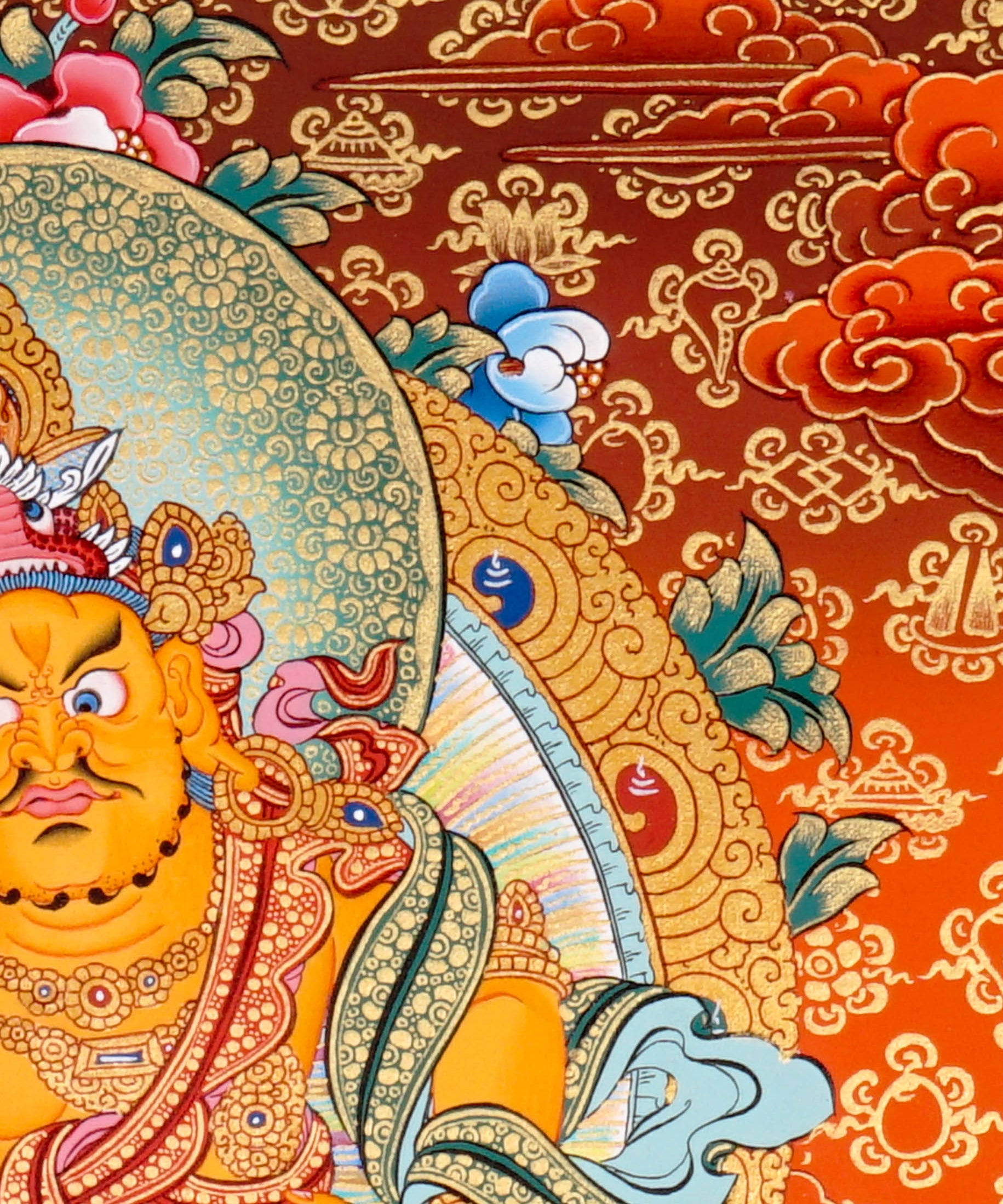 Zambala Thangka Painting showing the Tibetan Buddhist wealth deity seated on a pink lotus throne with a jewel-spitting mongoose, fruit offering, radiant halo, sacred ornaments