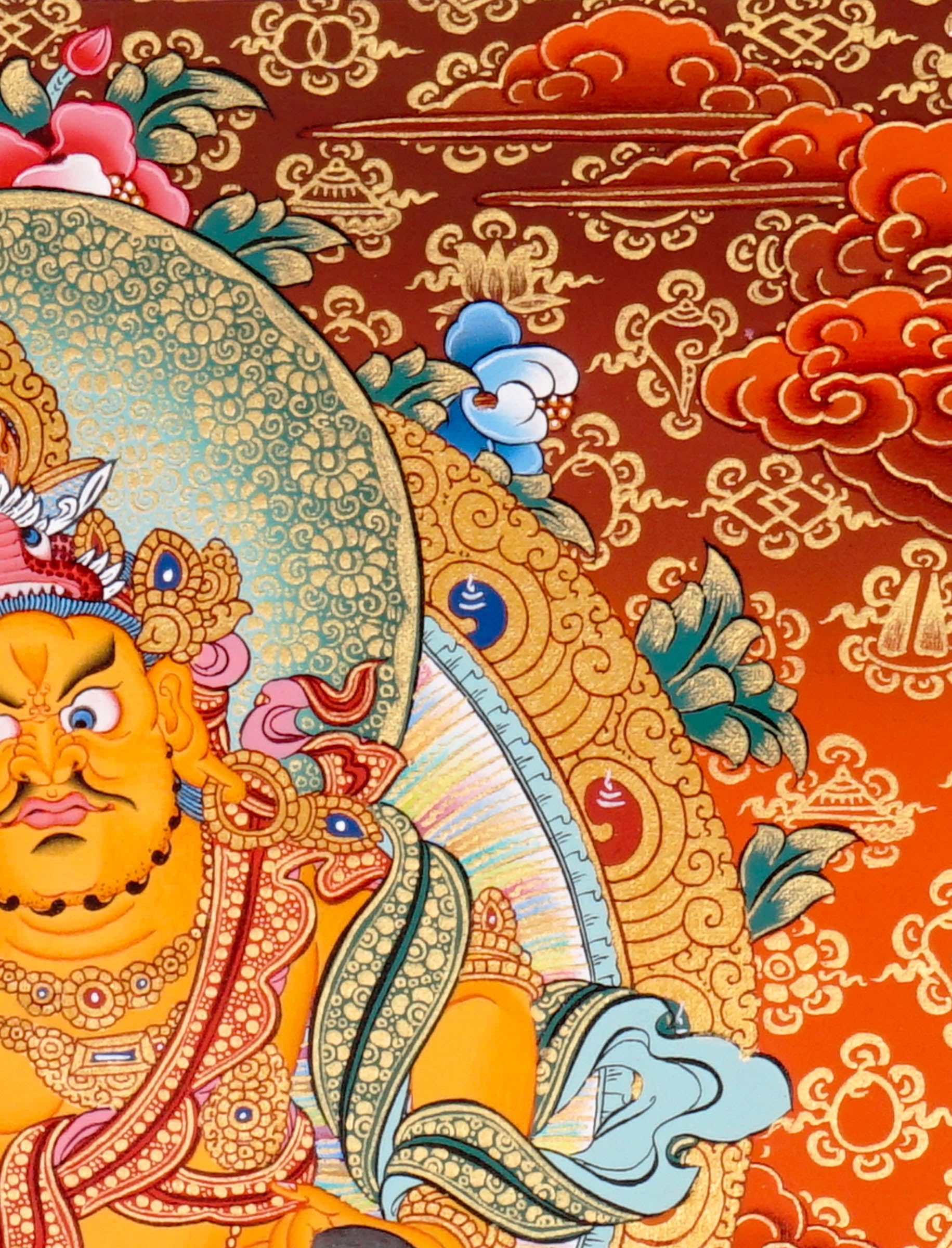 Zambala Thangka Painting showing the Tibetan Buddhist wealth deity seated on a pink lotus throne with a jewel-spitting mongoose, fruit offering, radiant halo, sacred ornaments