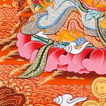 Zambala Thangka Painting showing the Tibetan Buddhist wealth deity seated on a pink lotus throne with a jewel-spitting mongoose, fruit offering, radiant halo, sacred ornaments