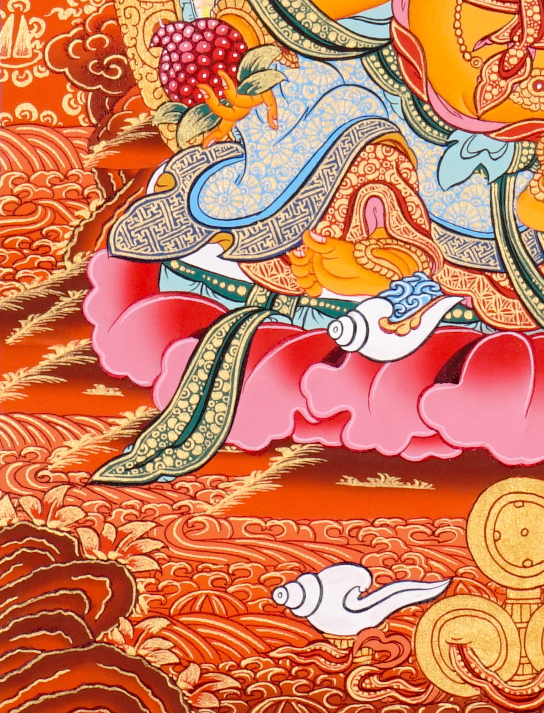 Zambala Thangka Painting showing the Tibetan Buddhist wealth deity seated on a pink lotus throne with a jewel-spitting mongoose, fruit offering, radiant halo, sacred ornaments