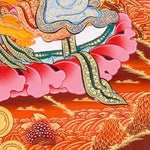 Zambala Thangka Painting showing the Tibetan Buddhist wealth deity seated on a pink lotus throne with a jewel-spitting mongoose, fruit offering, radiant halo, sacred ornaments