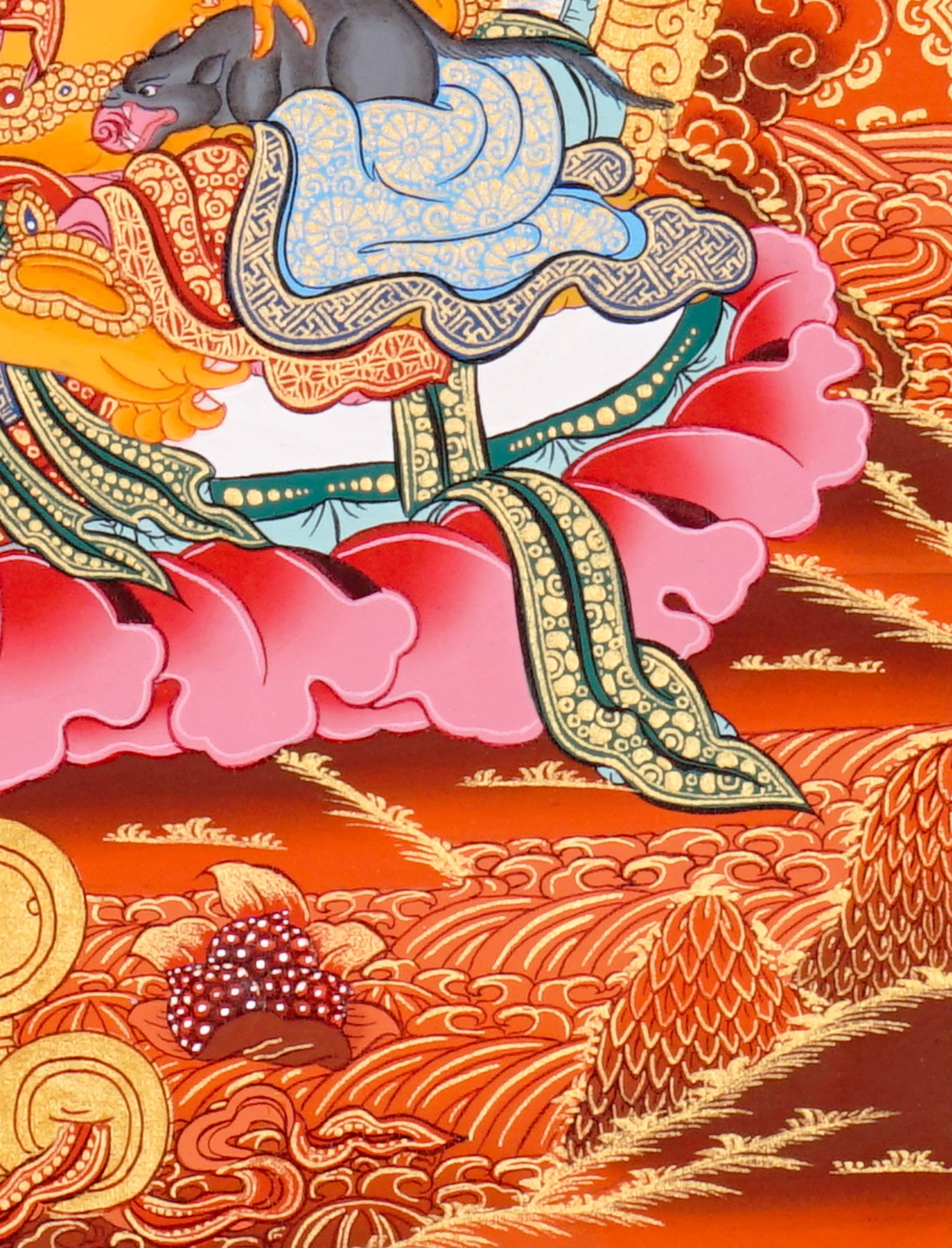 Zambala Thangka Painting showing the Tibetan Buddhist wealth deity seated on a pink lotus throne with a jewel-spitting mongoose, fruit offering, radiant halo, sacred ornaments