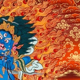 Vajrapani thangka painting showing a blue wrathful Tibetan Buddhist protector deity holding a raised vajra, surrounded by flames and seated on a lotus throne against a vivid orange-red background.