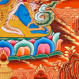 Vajrapani thangka painting showing a blue wrathful Tibetan Buddhist protector deity holding a raised vajra, surrounded by flames and seated on a lotus throne against a vivid orange-red background.
