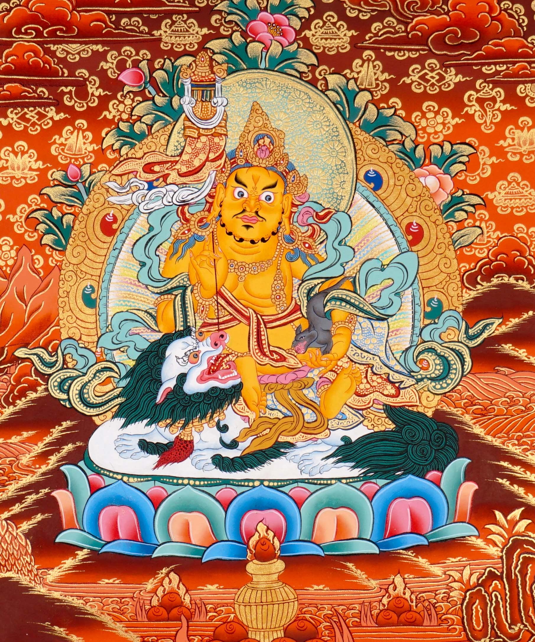Singh Zambala Thangka Painting showing the Tibetan Buddhist wealth deity seated with a snow lion, jewel-spitting mongoose, sacred vase, lotus throne, radiant halo