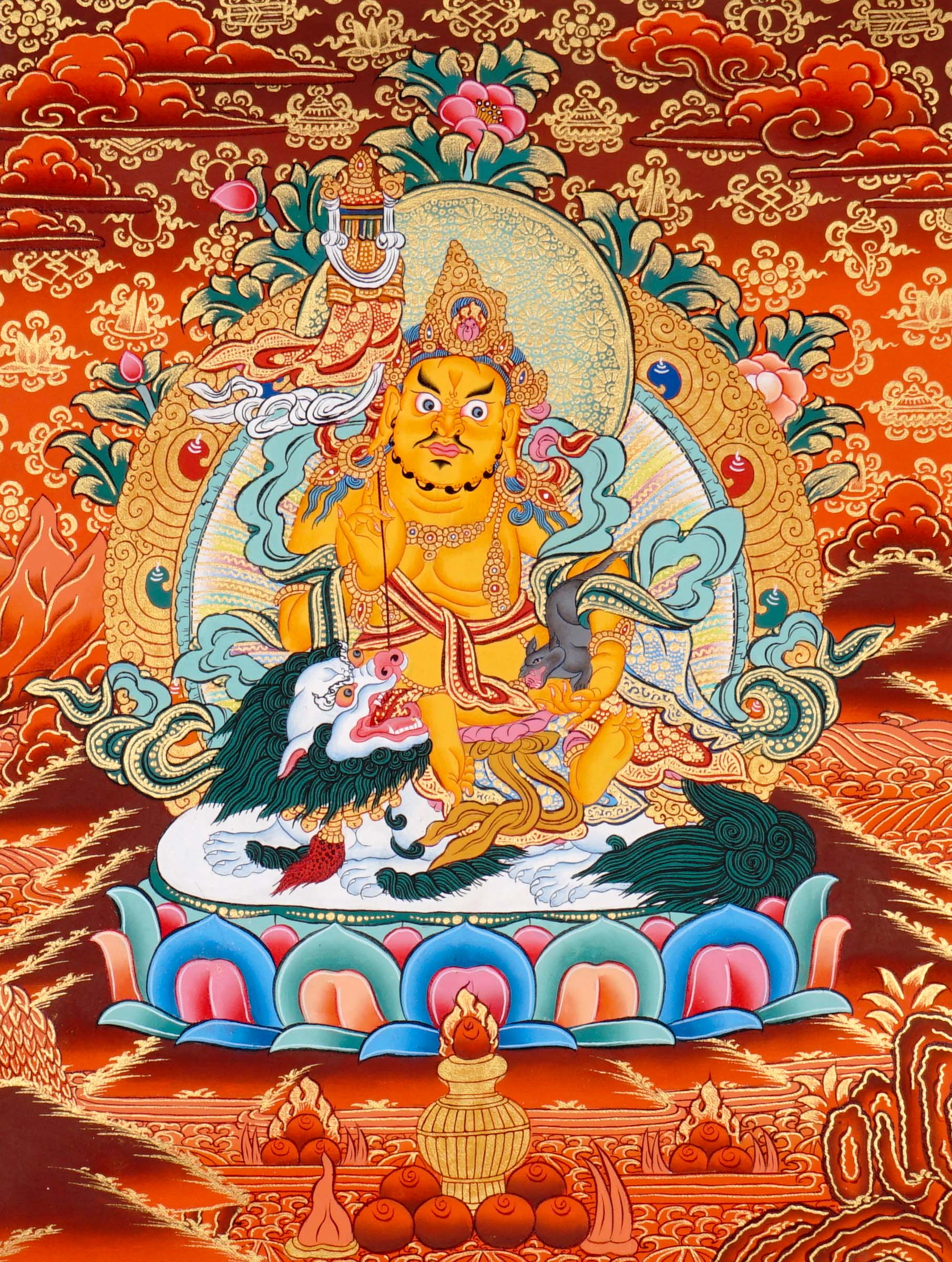 Singh Zambala Thangka Painting showing the Tibetan Buddhist wealth deity seated with a snow lion, jewel-spitting mongoose, sacred vase, lotus throne, radiant halo