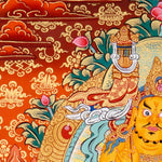 Singh Zambala Thangka Painting showing the Tibetan Buddhist wealth deity seated with a snow lion, jewel-spitting mongoose, sacred vase, lotus throne, radiant halo