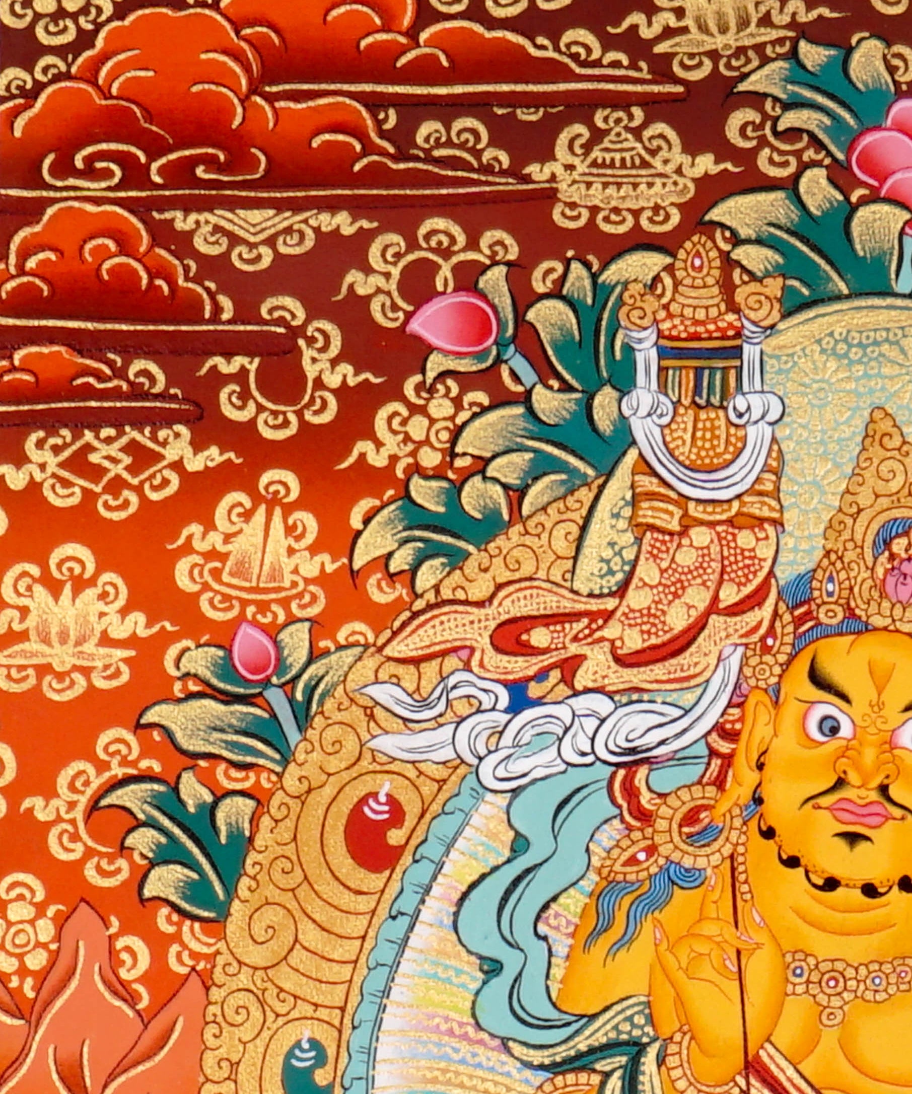 Singh Zambala Thangka Painting showing the Tibetan Buddhist wealth deity seated with a snow lion, jewel-spitting mongoose, sacred vase, lotus throne, radiant halo