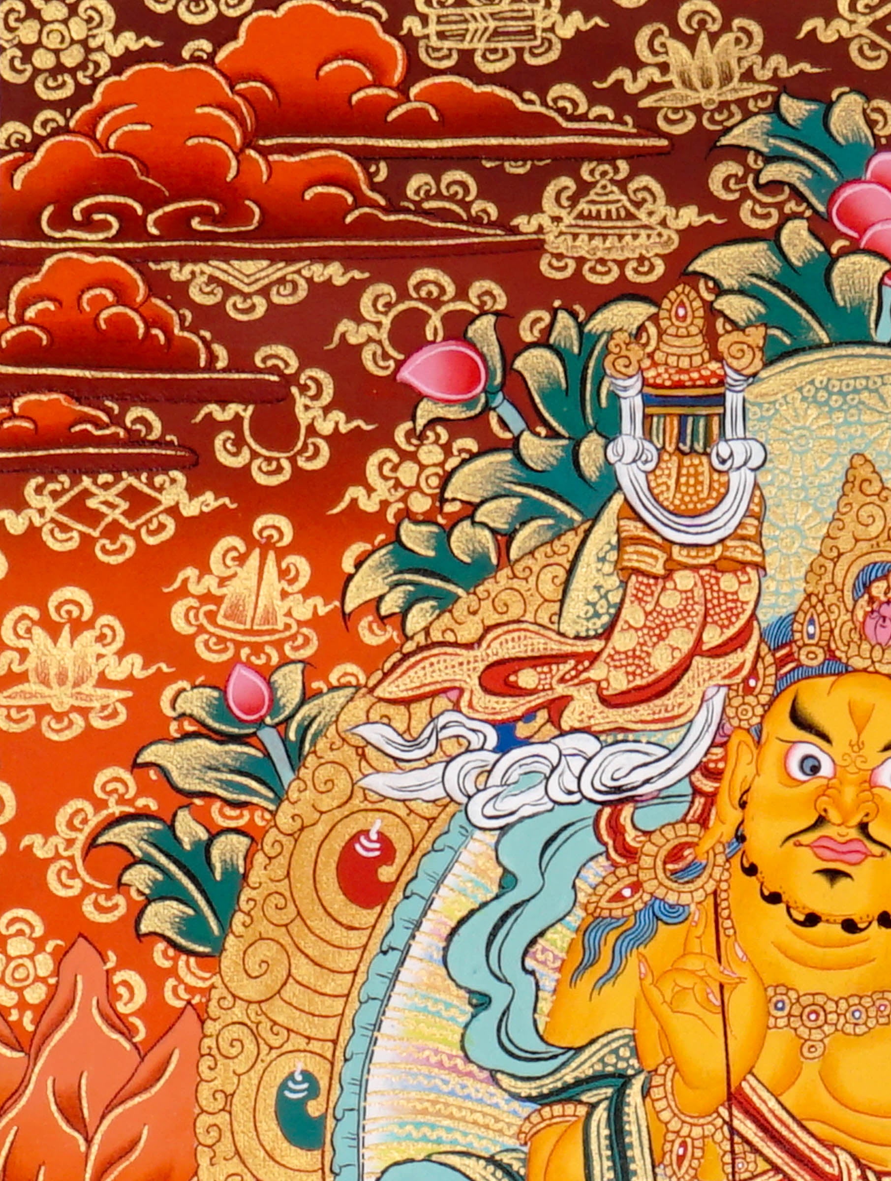Singh Zambala Thangka Painting showing the Tibetan Buddhist wealth deity seated with a snow lion, jewel-spitting mongoose, sacred vase, lotus throne, radiant halo