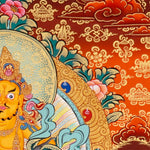 Singh Zambala Thangka Painting showing the Tibetan Buddhist wealth deity seated with a snow lion, jewel-spitting mongoose, sacred vase, lotus throne, radiant halo