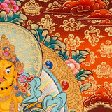 Singh Zambala Thangka Painting showing the Tibetan Buddhist wealth deity seated with a snow lion, jewel-spitting mongoose, sacred vase, lotus throne, radiant halo