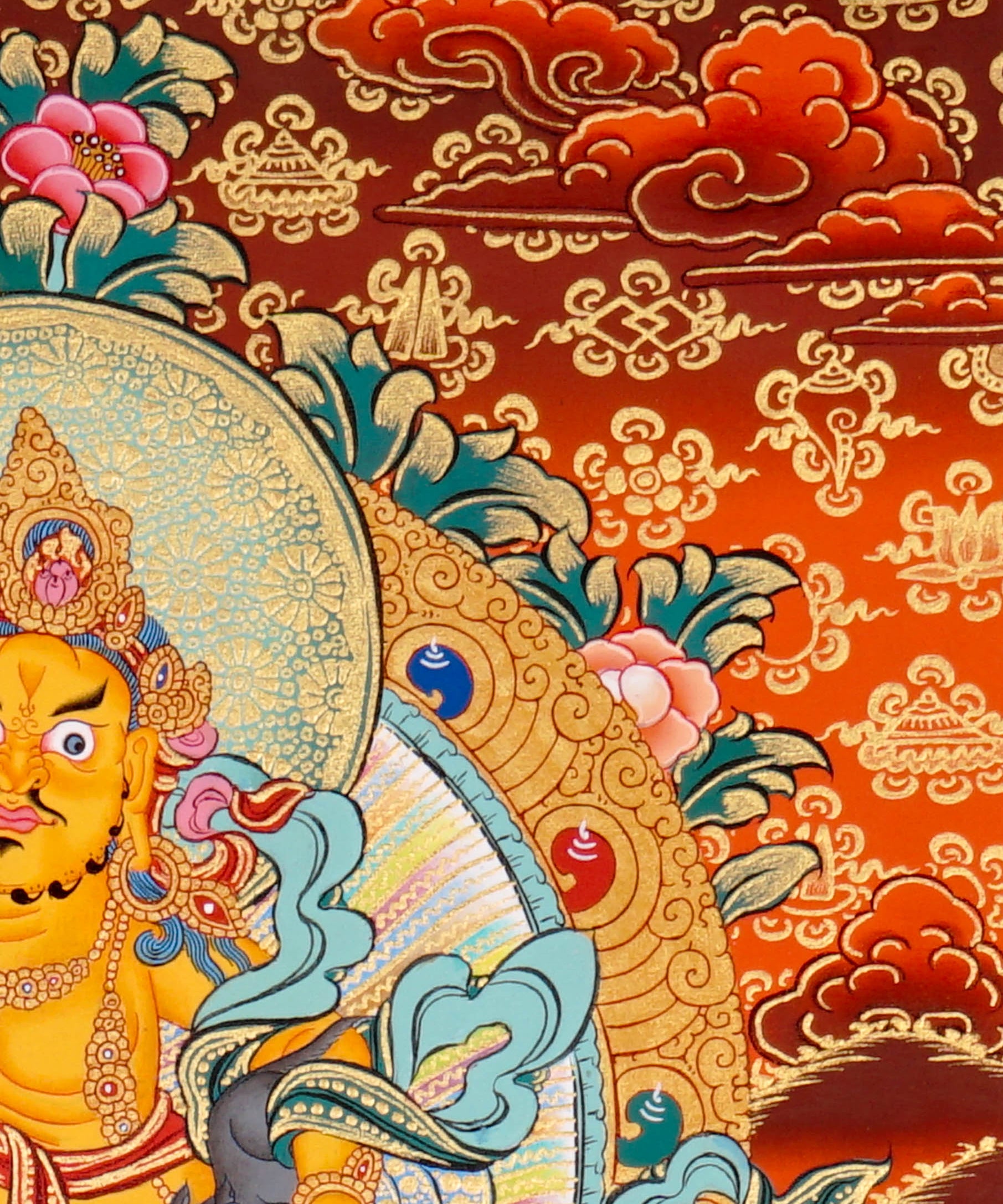 Singh Zambala Thangka Painting showing the Tibetan Buddhist wealth deity seated with a snow lion, jewel-spitting mongoose, sacred vase, lotus throne, radiant halo