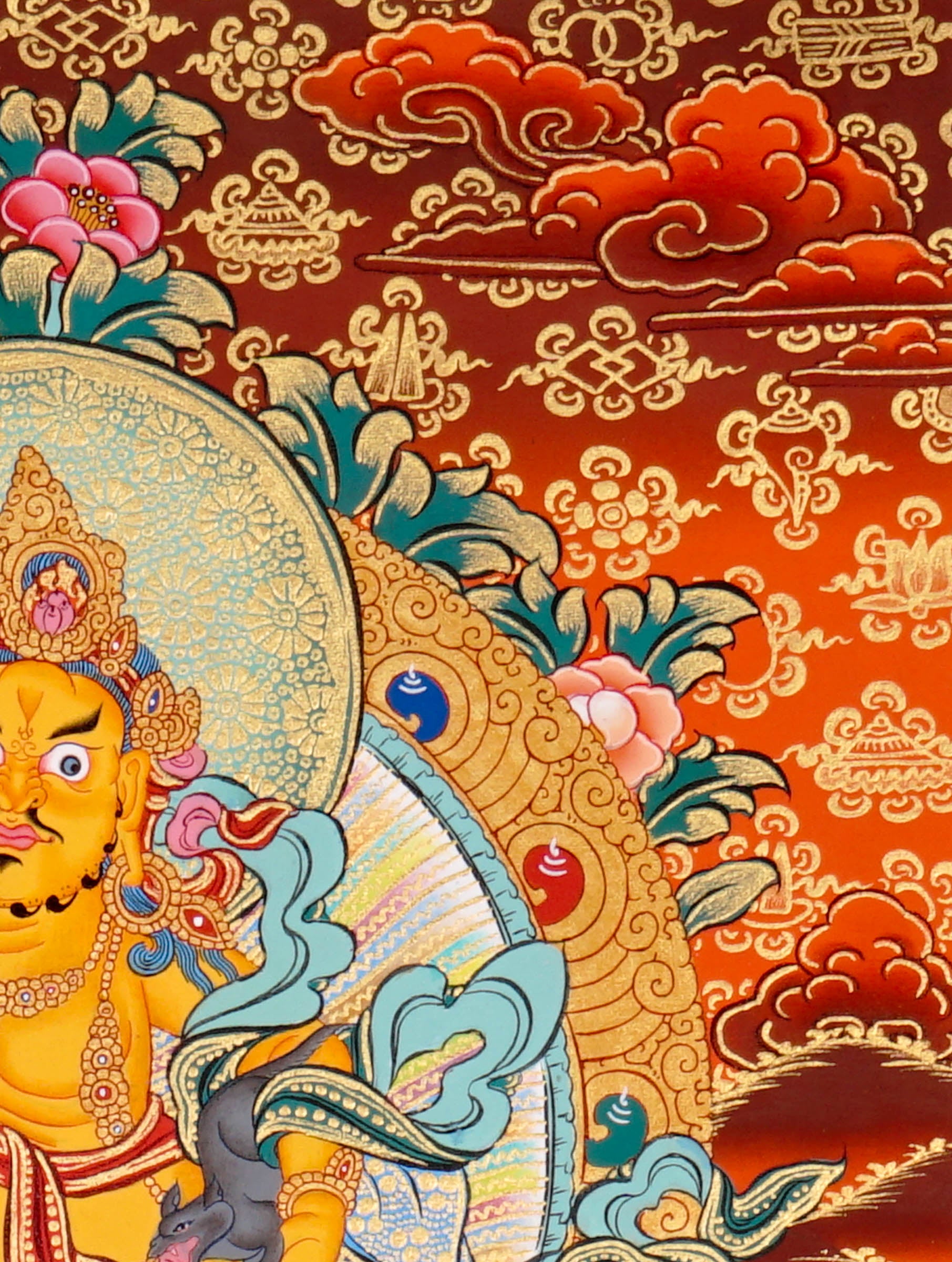 Singh Zambala Thangka Painting showing the Tibetan Buddhist wealth deity seated with a snow lion, jewel-spitting mongoose, sacred vase, lotus throne, radiant halo
