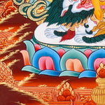 Singh Zambala Thangka Painting showing the Tibetan Buddhist wealth deity seated with a snow lion, jewel-spitting mongoose, sacred vase, lotus throne, radiant halo