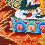 Singh Zambala Thangka Painting showing the Tibetan Buddhist wealth deity seated with a snow lion, jewel-spitting mongoose, sacred vase, lotus throne, radiant halo