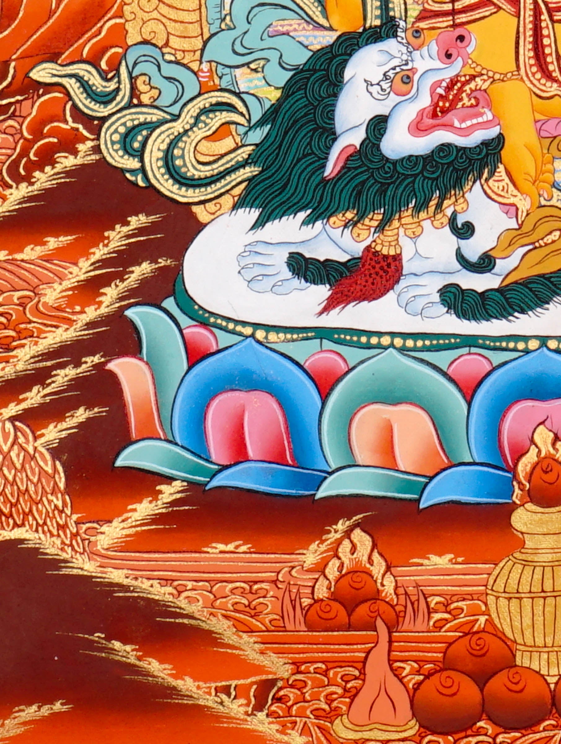 Singh Zambala Thangka Painting showing the Tibetan Buddhist wealth deity seated with a snow lion, jewel-spitting mongoose, sacred vase, lotus throne, radiant halo