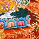 Singh Zambala Thangka Painting showing the Tibetan Buddhist wealth deity seated with a snow lion, jewel-spitting mongoose, sacred vase, lotus throne, radiant halo