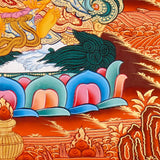 Singh Zambala Thangka Painting showing the Tibetan Buddhist wealth deity seated with a snow lion, jewel-spitting mongoose, sacred vase, lotus throne, radiant halo