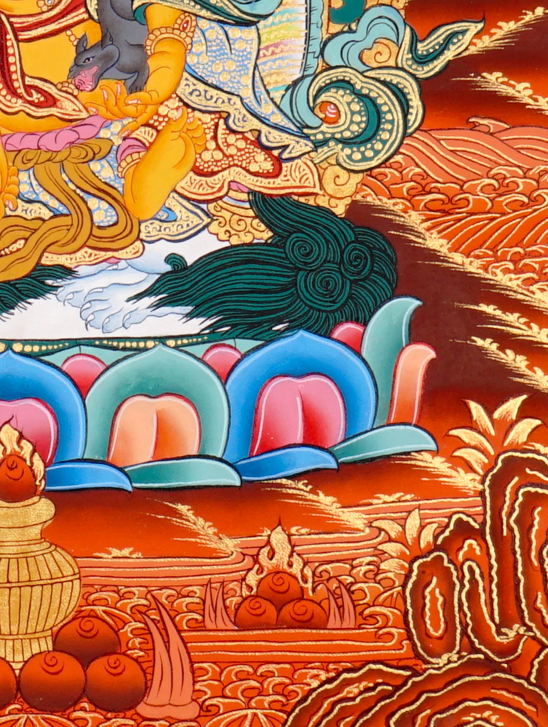 Singh Zambala Thangka Painting showing the Tibetan Buddhist wealth deity seated with a snow lion, jewel-spitting mongoose, sacred vase, lotus throne, radiant halo