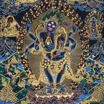 Six Hand Mahakala Thangka Painting – full view, wrathful six-armed protector with flame aura and gold detailing on a dark background