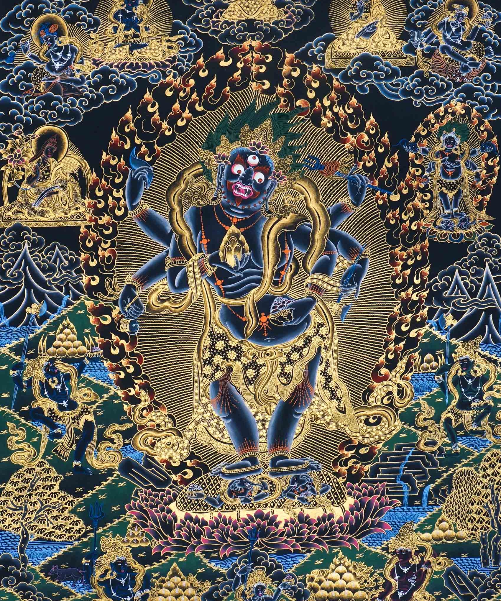 Six Hand Mahakala Thangka Painting – full view, wrathful six-armed protector with flame aura and gold detailing on a dark background