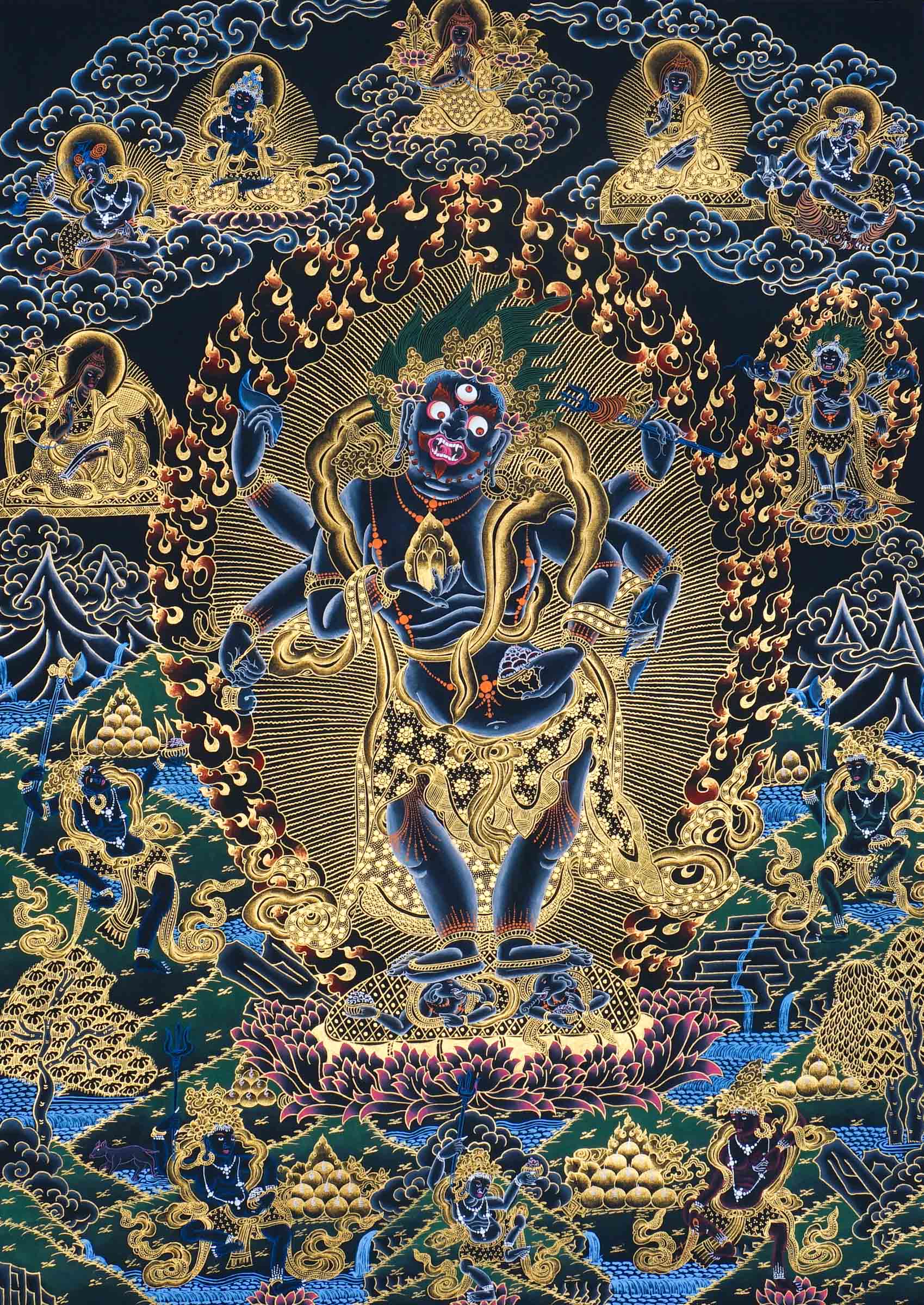 Six Hand Mahakala Thangka Painting – full view, wrathful six-armed protector with flame aura and gold detailing on a dark background