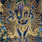 Six Hand Mahakala Thangka Painting showing a wrathful Tibetan Buddhist protector deity with six arms, flame aura, skull crown and gold sacred detailing.