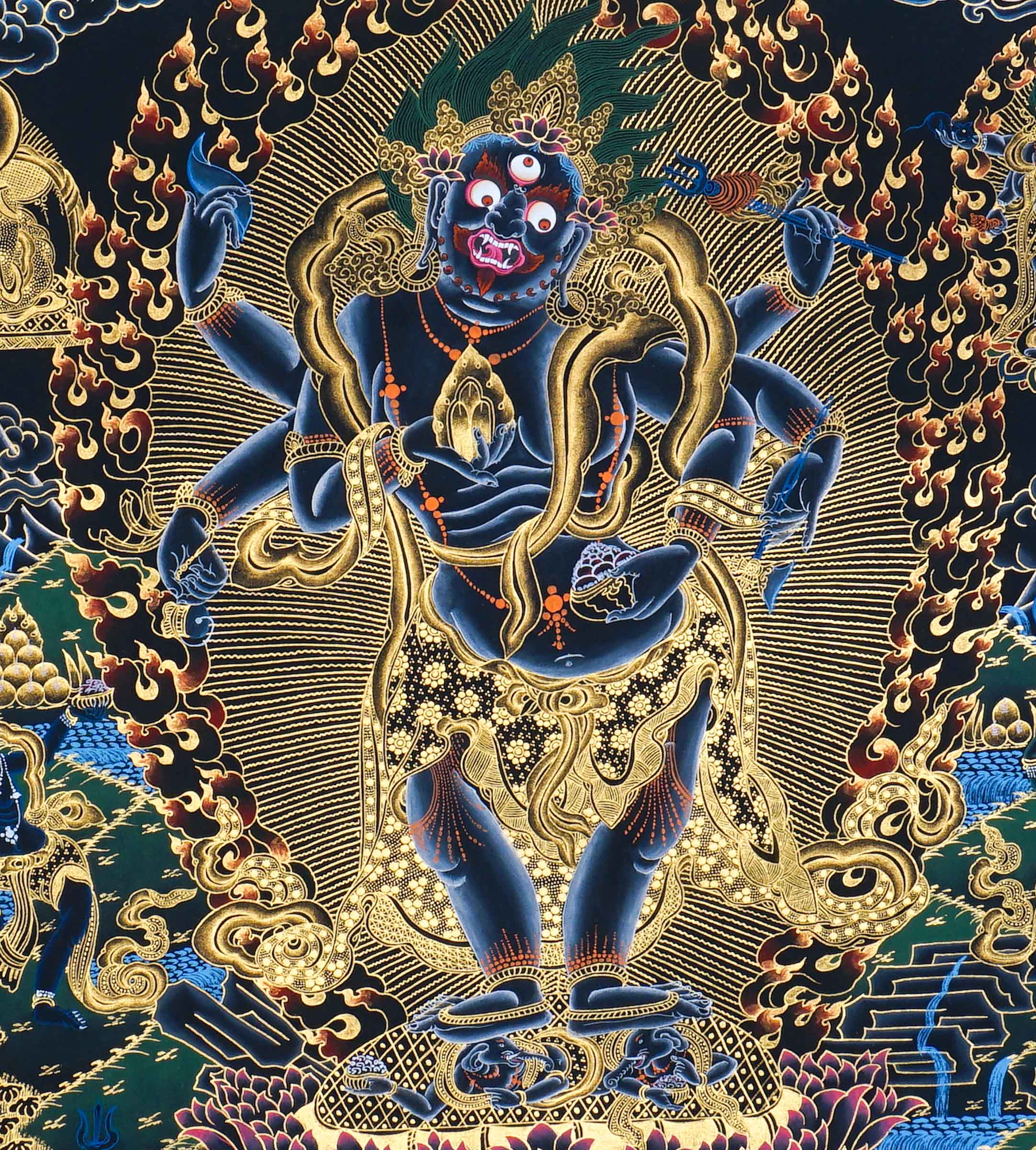 Six Hand Mahakala Thangka Painting showing a wrathful Tibetan Buddhist protector deity with six arms, flame aura, skull crown and gold sacred detailing.