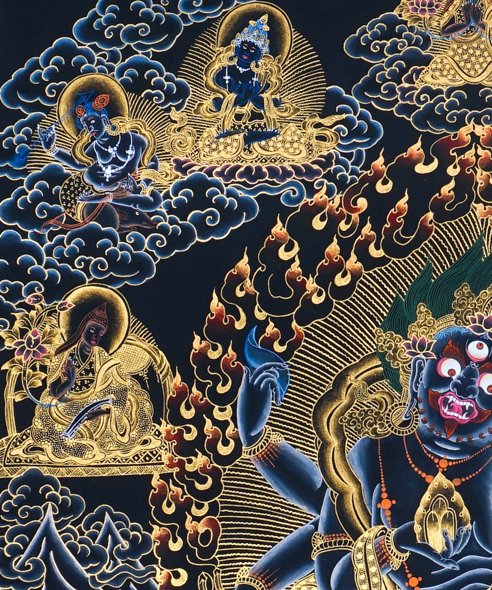 Six Hand Mahakala Thangka Painting showing a wrathful Tibetan Buddhist protector deity with six arms, flame aura, skull crown and gold sacred detailing.