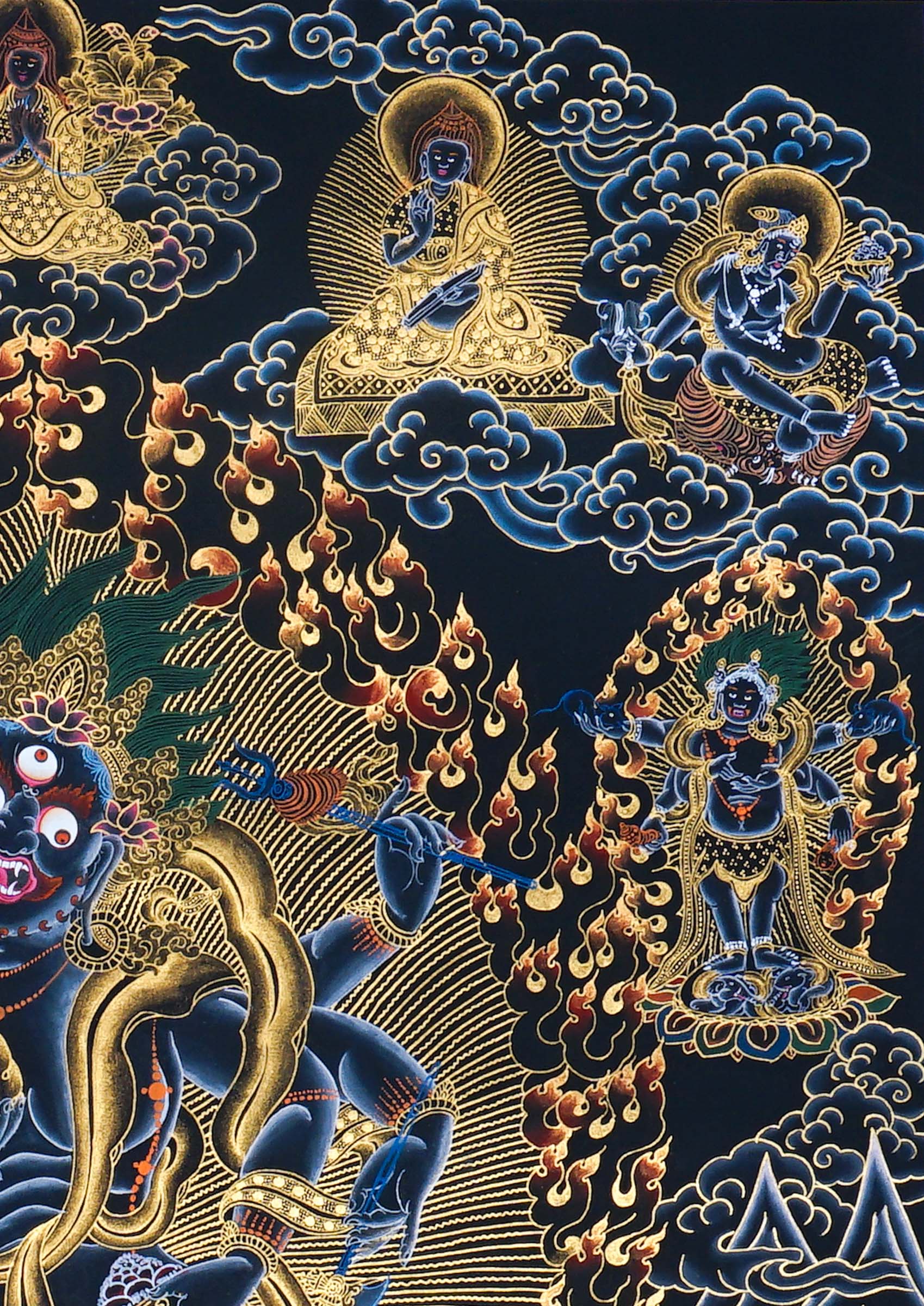 Six Hand Mahakala Thangka Painting showing a wrathful Tibetan Buddhist protector deity with six arms, flame aura, skull crown and gold sacred detailing.