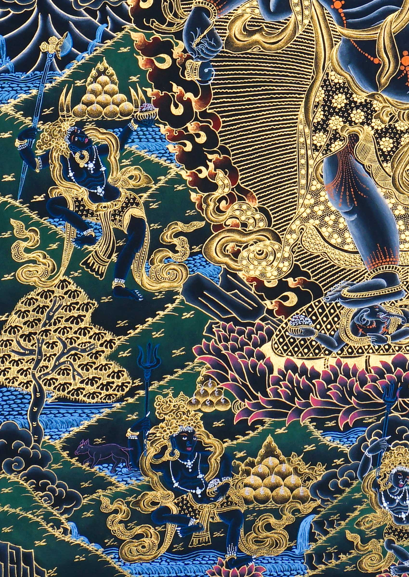 Six Hand Mahakala Thangka Painting showing a wrathful Tibetan Buddhist protector deity with six arms, flame aura, skull crown and gold sacred detailing.