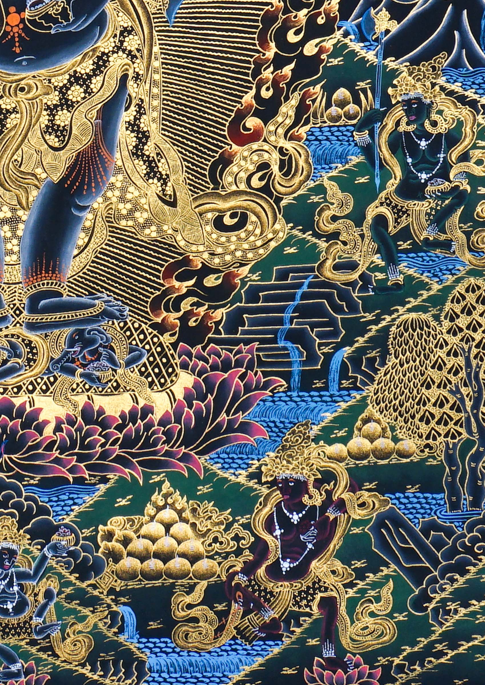 Six Hand Mahakala Thangka Painting showing a wrathful Tibetan Buddhist protector deity with six arms, flame aura, skull crown and gold sacred detailing.