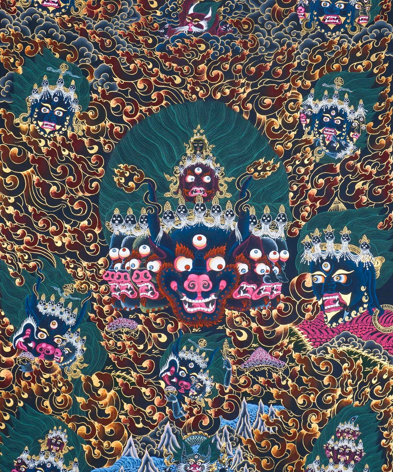 Yamantaka Thangka Painting – full view, wrathful Yamantaka with multiple faces, protector figures and flame clouds