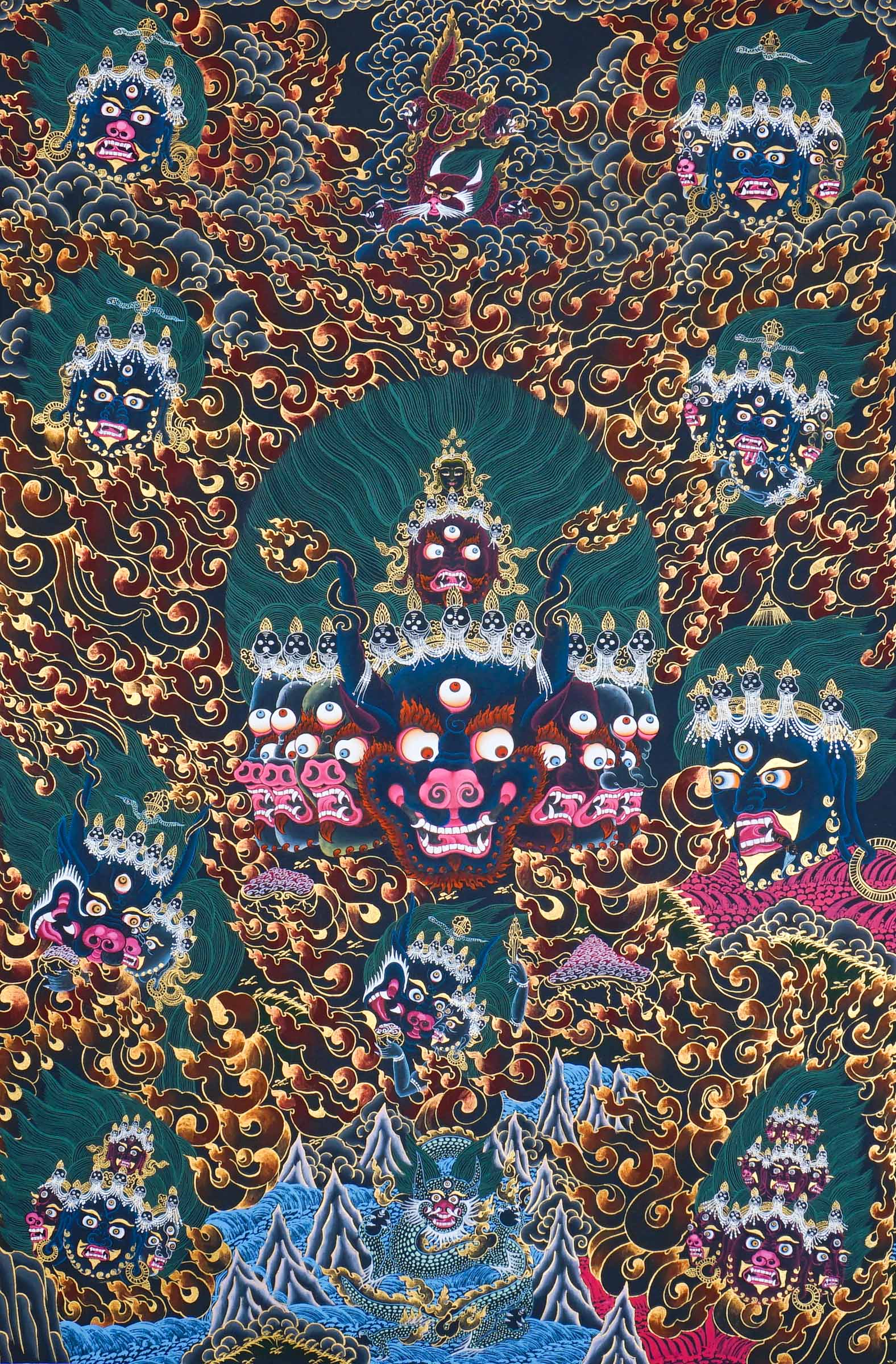 Yamantaka Thangka Painting – full view, wrathful Yamantaka with multiple faces, protector figures and flame clouds