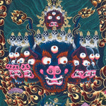 Close-up detail of Yamantaka Thangka Painting, wrathful Yamantaka with multiple faces, protector figures and flame clouds