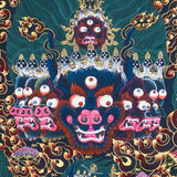 Close-up detail of Yamantaka Thangka Painting, wrathful Yamantaka with multiple faces, protector figures and flame clouds