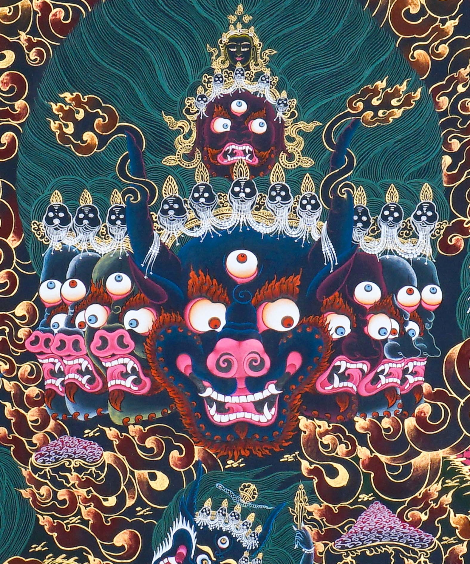 Close-up detail of Yamantaka Thangka Painting, wrathful Yamantaka with multiple faces, protector figures and flame clouds