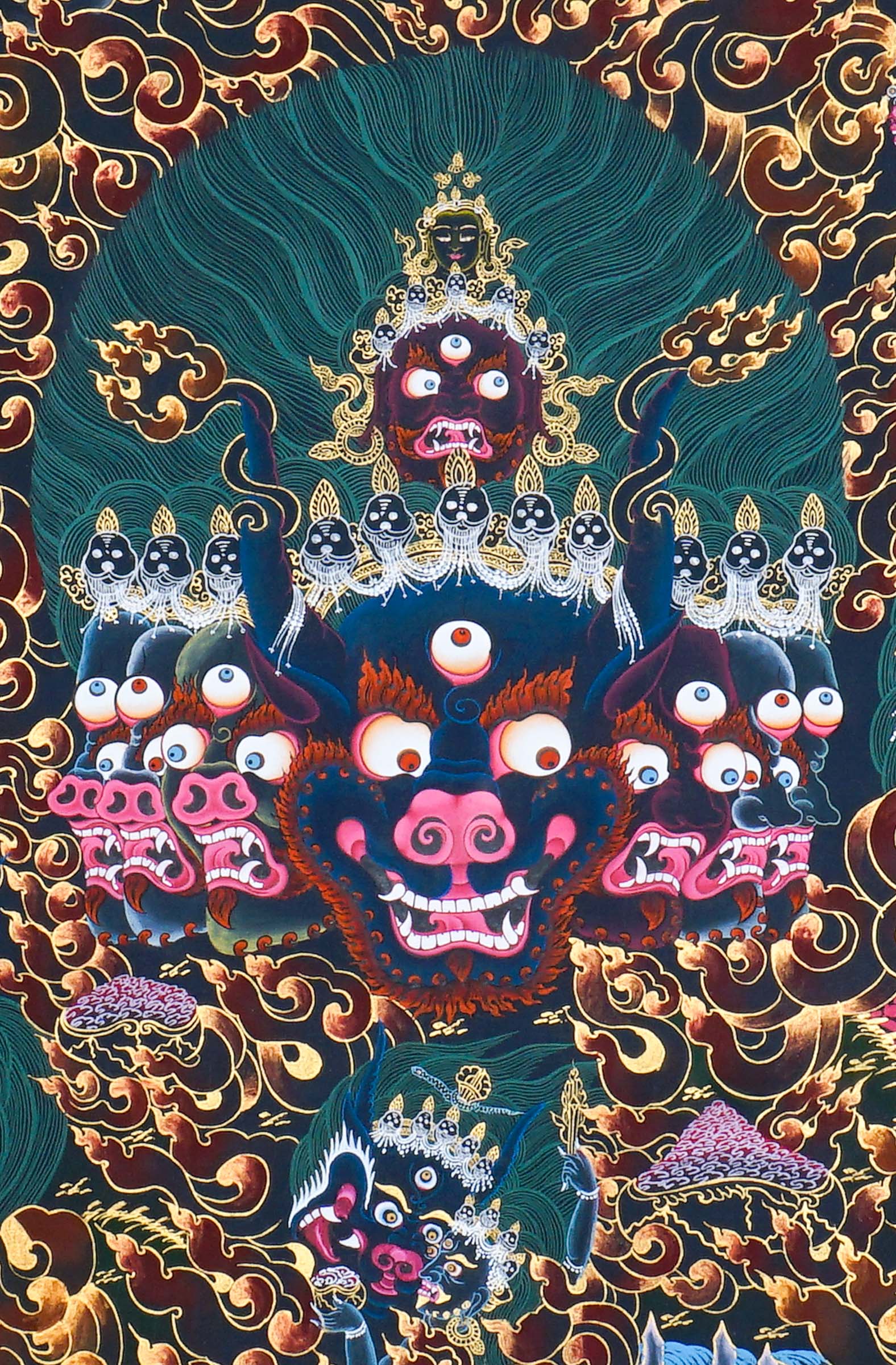 Close-up detail of Yamantaka Thangka Painting, wrathful Yamantaka with multiple faces, protector figures and flame clouds