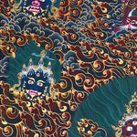 Close-up detail of Yamantaka Thangka Painting, wrathful Yamantaka with multiple faces, protector figures and flame clouds
