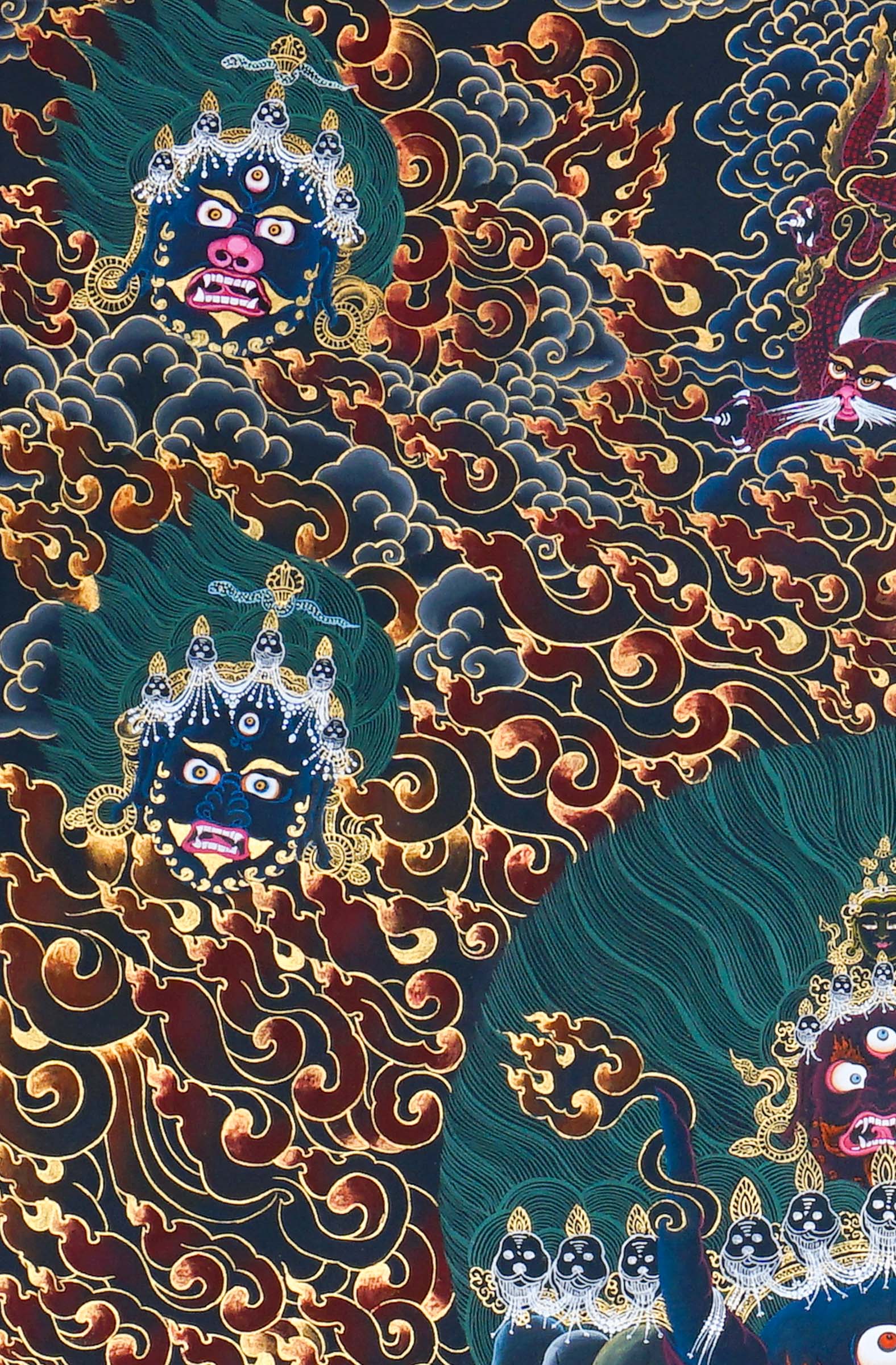 Close-up detail of Yamantaka Thangka Painting, wrathful Yamantaka with multiple faces, protector figures and flame clouds