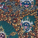 Close-up detail of Yamantaka Thangka Painting, wrathful Yamantaka with multiple faces, protector figures and flame clouds
