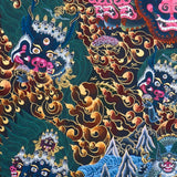 Close-up detail of Yamantaka Thangka Painting, wrathful Yamantaka with multiple faces, protector figures and flame clouds