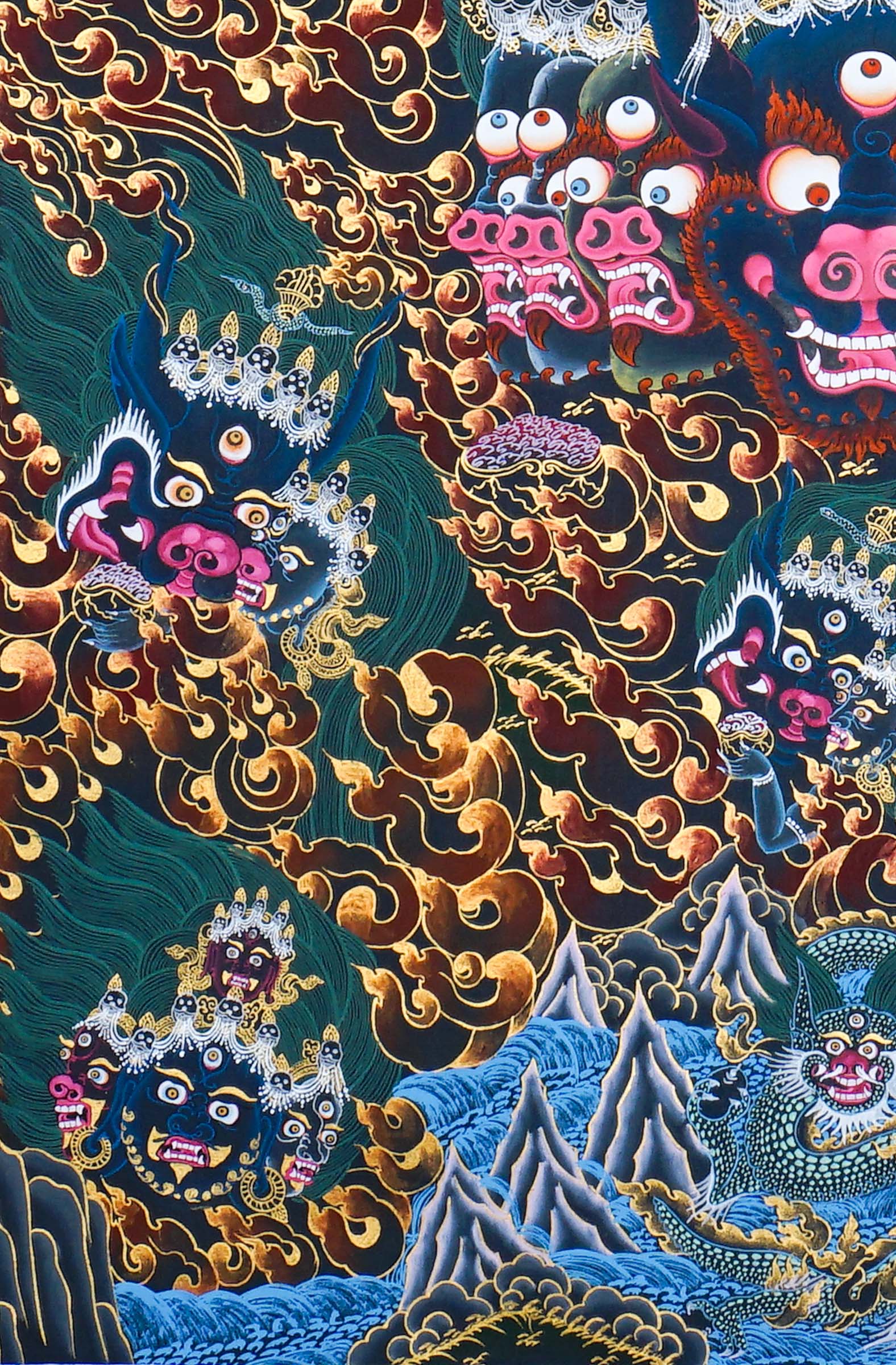 Close-up detail of Yamantaka Thangka Painting, wrathful Yamantaka with multiple faces, protector figures and flame clouds