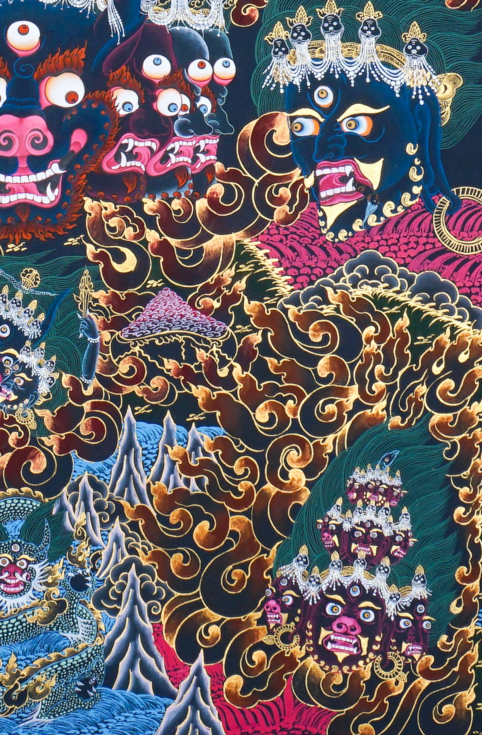 Close-up detail of Yamantaka Thangka Painting, wrathful Yamantaka with multiple faces, protector figures and flame clouds