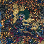 Palden Lhamo Thangka Painting – full view, wrathful female protector riding through flames and dark clouds with gold detailing