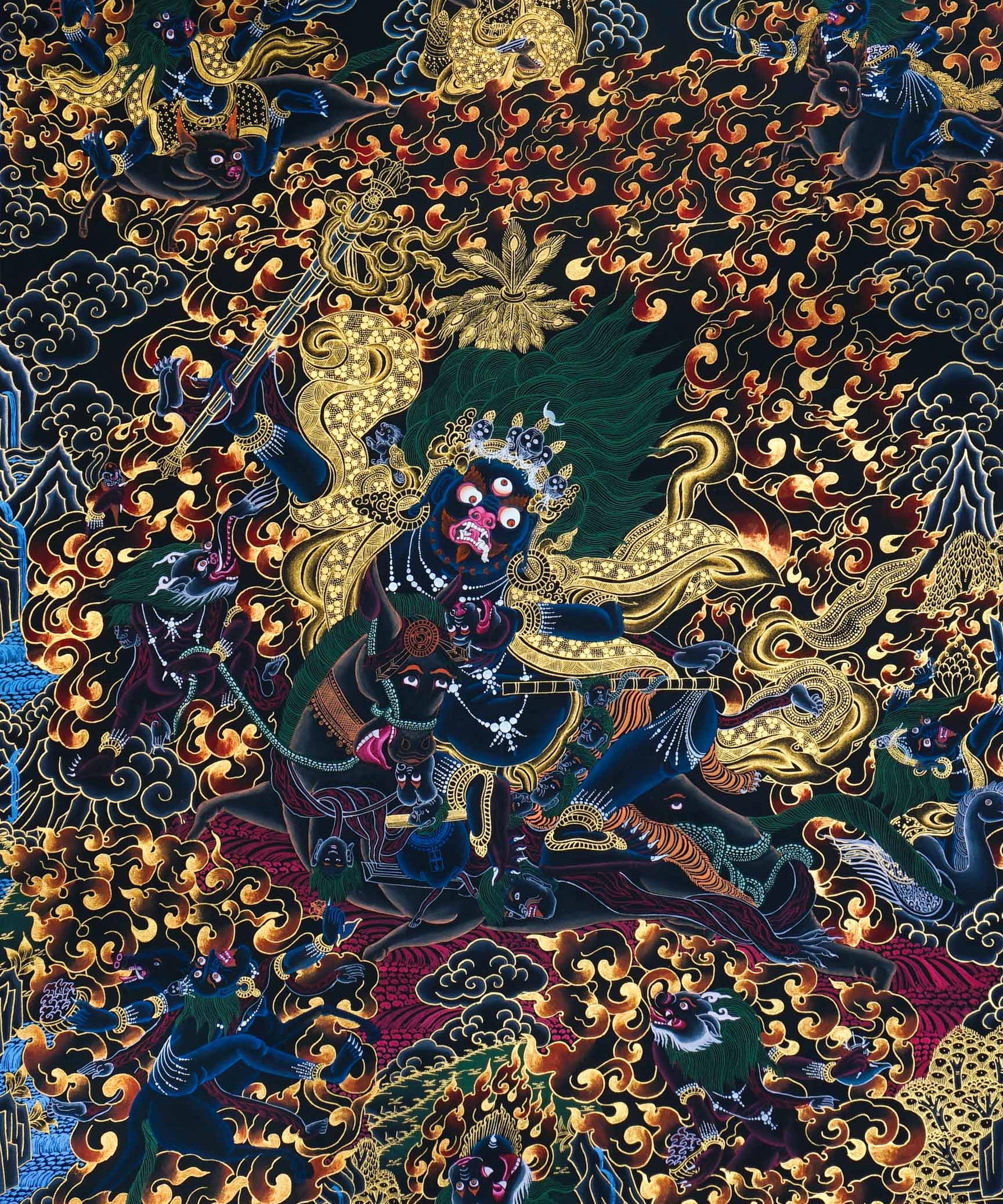 Palden Lhamo Thangka Painting – full view, wrathful female protector riding through flames and dark clouds with gold detailing