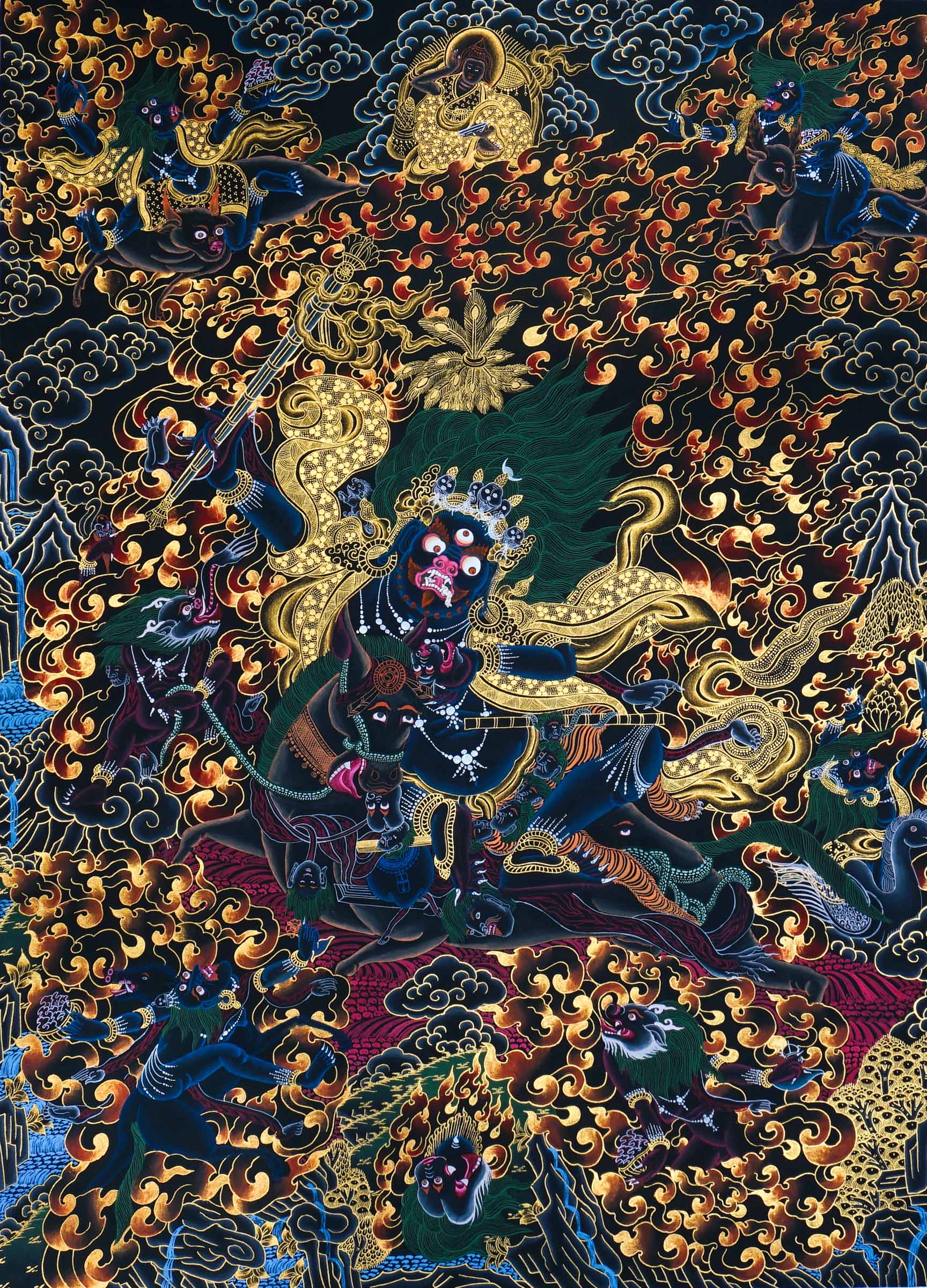 Palden Lhamo Thangka Painting – full view, wrathful female protector riding through flames and dark clouds with gold detailing