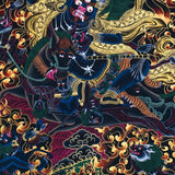 Close-up detail of Palden Lhamo Thangka Painting, wrathful female protector riding through flames and dark clouds with gold detailing